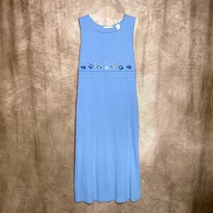 Vintage 90s Bechamel Embroidered Fish Sleeveless Maxi Dress Blue Tropical Shift